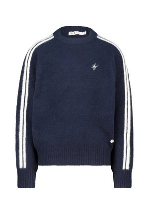 Navyblauwe trui met een ronde hals, gemaakt van zacht materiaal. Bevat witte zijstrepen en een klein logo op de borst. Ribboord aan de onderkant en mouwen.