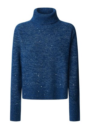 Blauwe gebreide trui met een hoge col, geribde manchetten en zoom, en met zilveren spikkels door de stof voor een gestructureerde uitstraling.