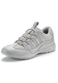 Grau sportlicher Schuh mit Obermaterial aus Mesh und Lederakzenten, mit elastischen Schnürsenkeln und einem gepolsterten Kragen für zusätzlichen Komfort. Texturierte, gewölbte Sohle.