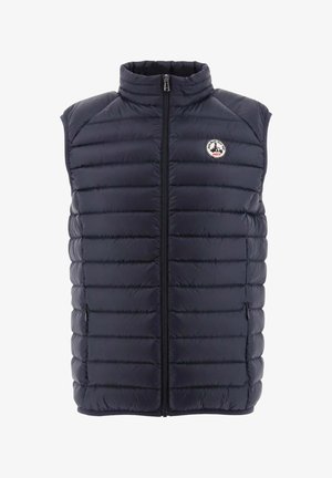 Marineblauer Steppweste mit vertikalem Steppmuster, Stehkragen, Frontreißverschluss und Logo-Patch auf der linken Brust.