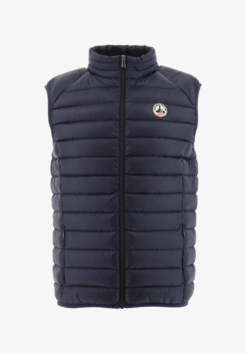Marinblå puffväst med vertikal quiltad mönster, ståkrage, framsida med dragkedjestängning och logotyptryck på vänster bröst.