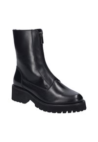 Black leather ankle boot with a side zipper, smooth texture, rounded toe, and rugged platform sole. Designed for comfort and durability.