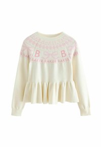 Suéter crema con patrón de diamante rosa, lazos y texto "BAKER", con mangas largas y un dobladillo con volantes en la cintura.