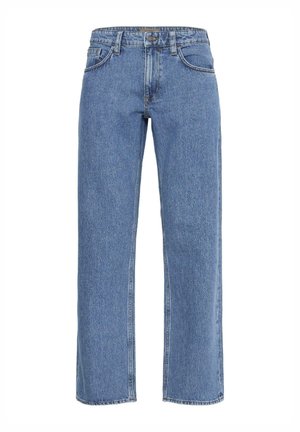 Lyseblå denimjeans med rett ben, som har fem lommer, knapp- og glidelåslukking, og synlige sømdetaljer.