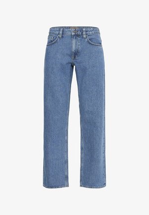 Lyseblå denimjeans med rett ben, som har fem lommer, knapp- og glidelåslukking, og synlige sømdetaljer.