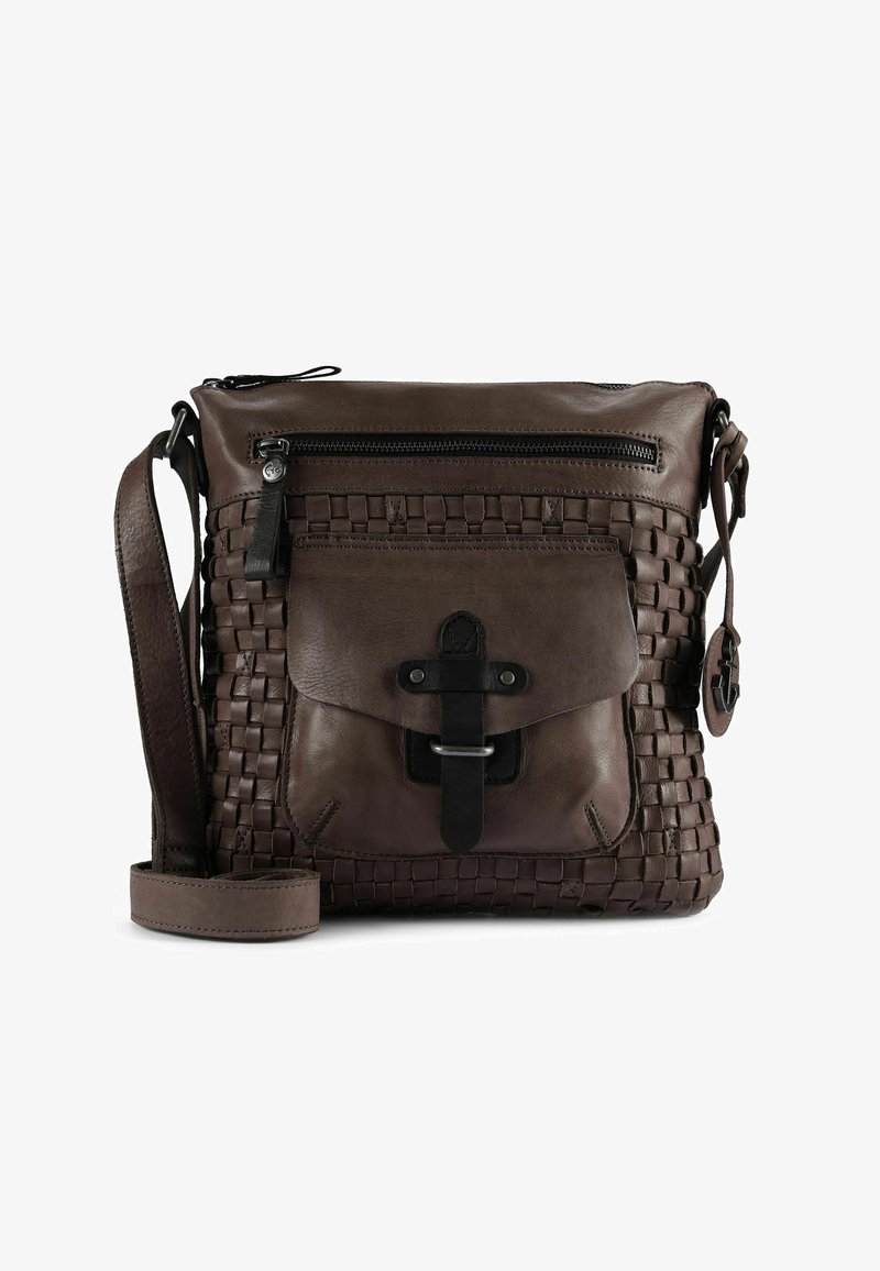 Bruine leren crossbodytas met geweven details, ritssluiting aan de bovenkant, verstelbare band en een voorklep met een sluiting.