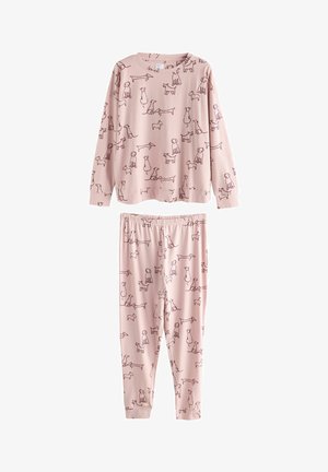 Zweiteiliges Schlafanzug-Set aus weichem pinken Baumwollstoff, bestehend aus einem Langarm-Oberteil und einer Hose. Beide Teile haben ein verspieltes Hundemuster mit braunen Umrissen.