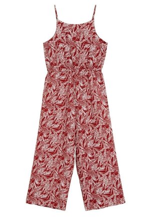 Rød heldragt med hvidt bladmønster, justerbare tynde stropper, elastisk talje og vidbenet design. Letvægtsstof med glat tekstur.