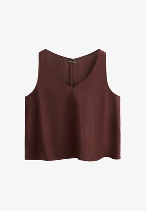 Burgundy sleeveless top with a V-neckline, made of textured fabric. Loose fit with straight hem and slightly curved armholes.