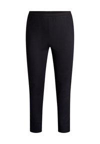 Zwarte leggings van rekbaar materiaal, met een brede, elastische tailleband en een slim fit die naar de enkels toe taperend is.