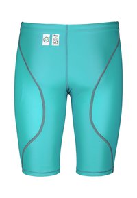 Turkis konkurrencedygtige svømmejammers med grå syninger og en certificeringsmærkat på venstre hoft.