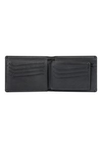 Black leather wallet with a bifold design, featuring multiple card slots, a clear ID window, and textured interior detailing.