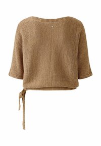 Hellbrauner, gestrickter, verkürzter Pullover mit weiten Ärmeln und seitlichem Bindedetail. Der Rücken hat einen kleinen glänzenden Akzent nahe dem Ausschnitt.