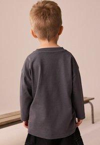 Hedvábná šedá bavlněná košile s dlouhým rukávem, kulatým výstřihem a volným střihem, zobrazená zezadu. Hladká textura a minimální detaily.