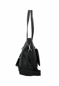 Sac à main en cuir noir avec une surface texturée, doté de poignées doubles, d'une bandoulière réglable et de garnitures en métal argenté.