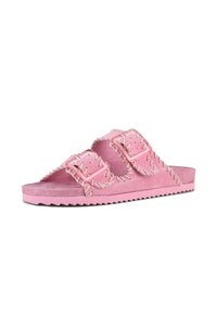 Rosa mocka slide-sandaler med två justerbara remmar, kontrasterande sömmar och en texturerad sula för grepp.