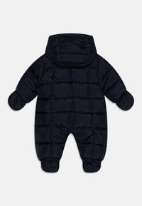 Navy puffer snowsuit with a hood, featuring quilted design, elastic cuffs, and a front zipper. Suitable for cold weather.