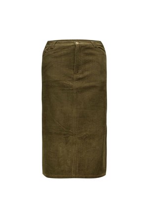 Olijfgroen corduroy midi-rok met een rechte snit, ritssluiting aan de voorkant en subtiele verticale ribbeltextuur. Geen zichtbare zakken.