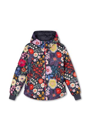 Capuchonvest met rits, donkere achtergrond, kleurrijk bloemmotief, elastische manchetten en trekkoorden aan de capuchon.