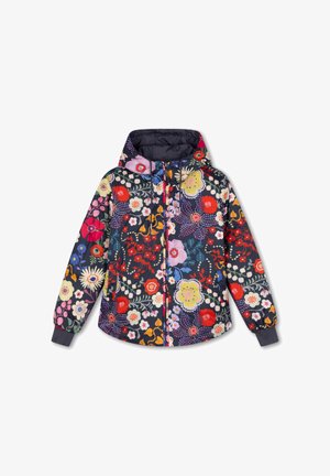 Capuchonvest met rits, donkere achtergrond, kleurrijk bloemmotief, elastische manchetten en trekkoorden aan de capuchon.