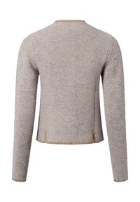 Hellgrauer gestrickter Pullover mit strukturiertem Finish, runder Halslinie, langen Ärmeln und kontrastierendem beigem Saum sowie seitlichen Schlitzen.