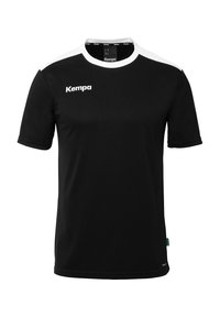Maglietta atletica nera a maniche corte con accenti bianchi sulle spalle. Realizzata in tessuto leggero, presenta un collo a giro e il logo "Kempa".