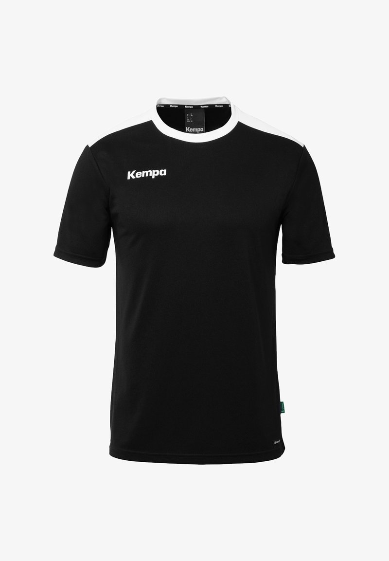 Maglietta atletica nera a maniche corte con accenti bianchi sulle spalle. Realizzata in tessuto leggero, presenta un collo a giro e il logo "Kempa".