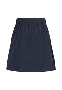 Jupe bleu marine longueur genou avec une ceinture élastique et une légère texture froncée, fabriquée en tissu léger.
