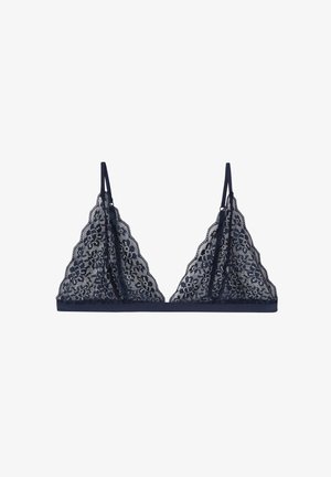 Bralette en dentelle marine avec des bonnets triangulaires, des bords festonnés et des fines bretelles ajustables. Bande sous le poitrine douce pour le confort. Détail de motif floral.