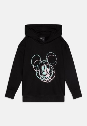 Sweat à capuche noir avec un croquis de style néon pastel bleu et rose du visage de Mickey Mouse centré sur le devant.