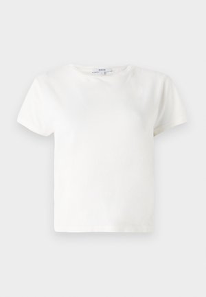 White cotton t-shirt with short sleeves, round neckline, and a relaxed fit. Tag visible at the collar, smooth texture. Simple design, no patterns.