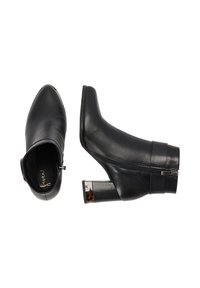 Schwarze Lederstiefel bis Knöchel mit seitlichen Reißverschlüssen, mittelhohen Blockabsätzen mit einem Schildpatt-Muster und spitzen Zehen, dargestellt aus einer Oberansicht und einer Seitenansicht.