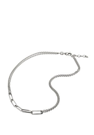 Silver chain necklace featuring a combination of small round links and elongated rectangular accents. Clasp for secure fastening.