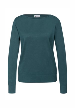 Teal long-sleeve sweater with a round neckline, ribbed texture, and fitted cuffs and hem, made from soft knit material.