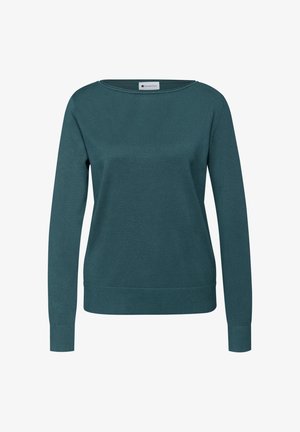 Teal long-sleeve sweater with a round neckline, ribbed texture, and fitted cuffs and hem, made from soft knit material.