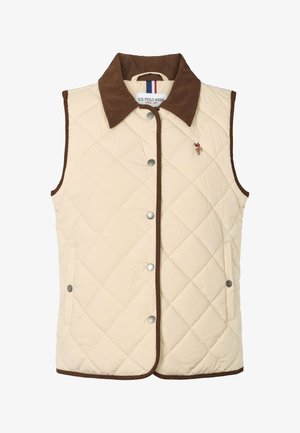 Steppelt krémszínű mellény barna kordbársony gallérral, ezüst patentgombokkal, oldalzsebekkel és egy kis hímzett logóval.