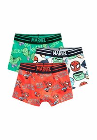 Pack of three boxer shorts with Marvel characters: green with Hulk, white with Spider-Man and heroes, orange with Spider-Man design.