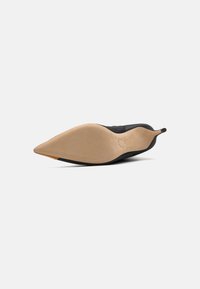 Black pointed-toe high-heel shoe with a smooth black upper and a beige sole, featuring a thin heel and a sleek design.