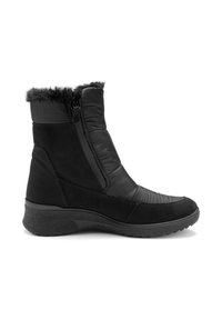 Botas negras hasta el tobillo con parte superior sintética, forro acolchado, textura estriada y cremallera lateral. Presenta una suela de goma duradera para mayor tracción.