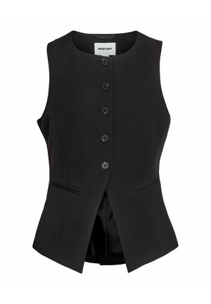 Veste noire sans manches cintrée avec encolure ronde, cinq boutons devant, deux poches fentes à l'avant et un ourlet légèrement évasé.