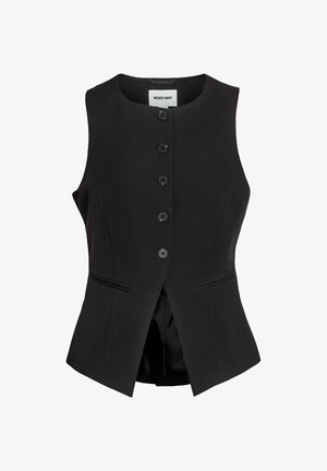Veste noire sans manches cintrée avec encolure ronde, cinq boutons devant, deux poches fentes à l'avant et un ourlet légèrement évasé.