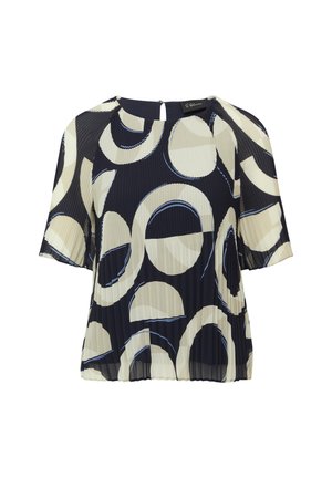 Marineblau und cremefarbene plissierte Bluse mit kreisförmigen Mustern, kurzen Ärmeln und einem Schlüssellochausschnitt auf der Rückseite. Aus leichtem Stoff gefertigt.