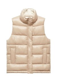 Beige gesteppte Weste mit hohem Kragen, Reißverschluss vorne und zwei Seitentaschen. Verfügt über eine gesteppte Textur mit horizontalen Abschnitten. Leichtes Material.