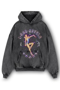 Sweatshirt com capuz em algodão preto desbotado. Apresenta um gráfico colorido de um dançarino e texto, com um bolso frontal e punhos canelados.