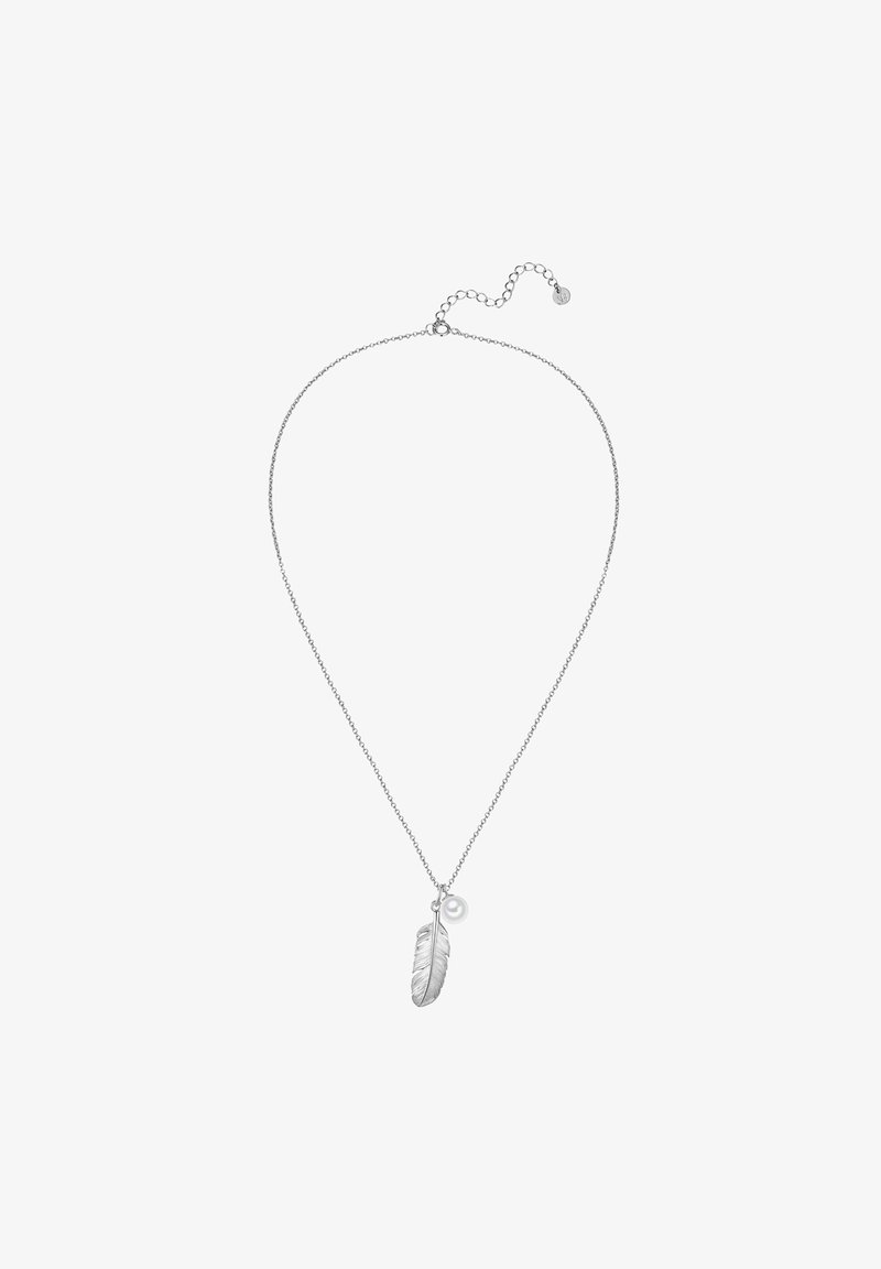 Sølv vedhængsnor med fjerdesign og en lille perleaccent på en delikat kæde med justerbar længde.