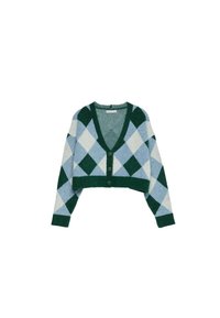 Cropped cardigan in green and light blue with diamond pattern, v-neckline, and front buttons; soft texture and ribbed cuffs.