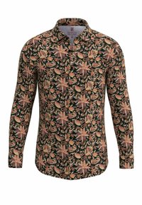 Langarmhemd aus schwarzem Stoff mit floralem Muster in Pink, Orange und Grün. Mit einem Knopfkragen und -manschetten.