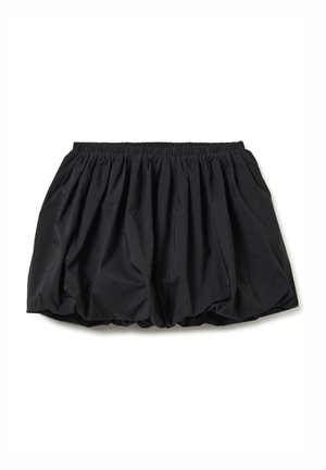 Schwarze, geraffte Shorts aus leichtem Stoff. Mit elastischem Bund und voluminöser, strukturierter Silhouette.