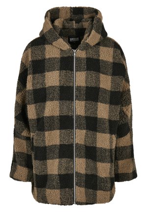 Hooded fleece jacket in black and brown checkered pattern, featuring a full zipper and soft, textured fabric. Relaxed fit with wide sleeves.