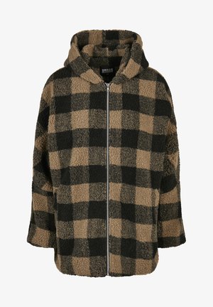 Veste à capuche en polaire dans un motif à carreaux noir et marron, dotée d'une fermeture éclair complète et d'un tissu doux et texturé. Coupe décontractée avec des manches larges.